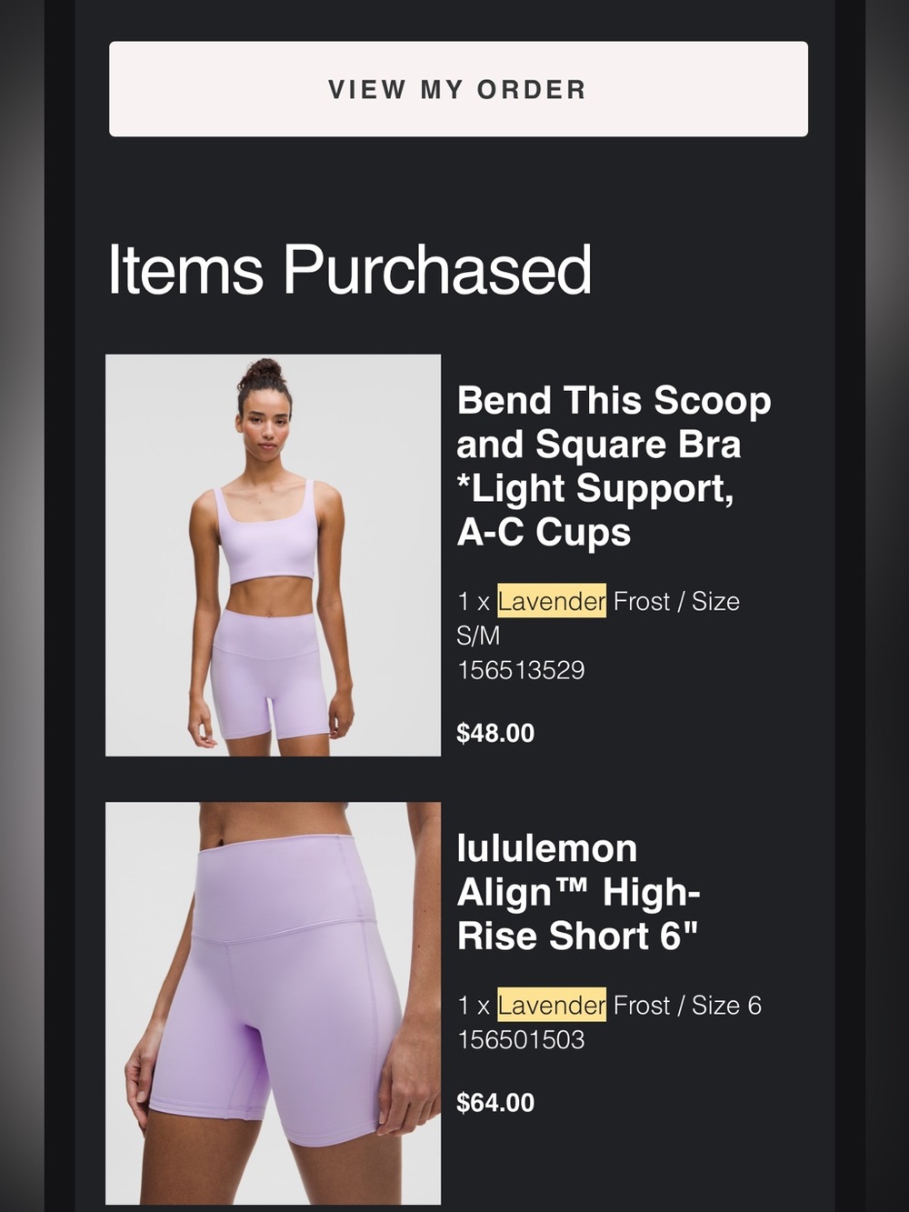 lululemon Lavender Bend This Bra and Align High-Rise Short Set